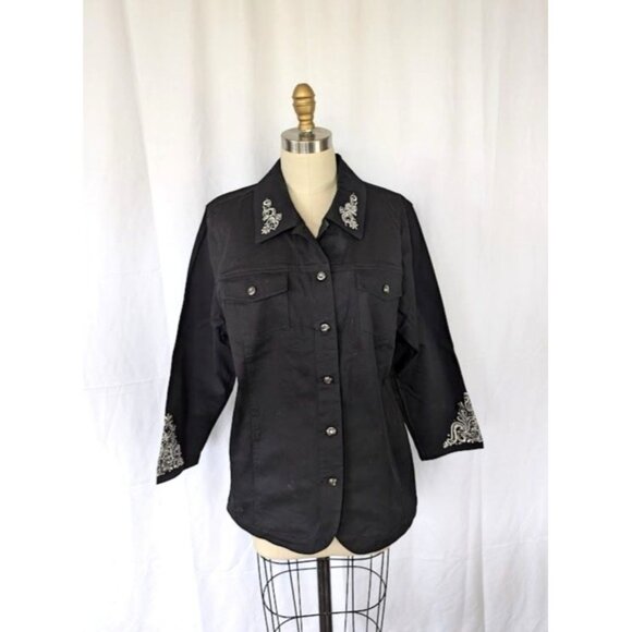 Quacker Factory Jacket Women's‎ Size Large Embroidered Canvas Button Down Black - Picture 1 of 7